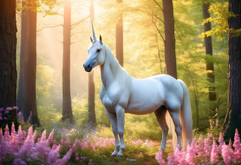 Obraz premium White unicorn standing gracefully in a magical forest with pink flowers and Golden sunlight filtering through trees, Golden sunlight filters through the tall trees