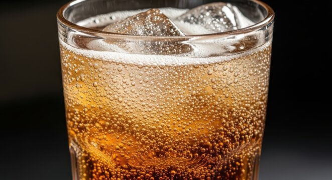 A refreshing amber fizzy beverage sits in a tall drinking container filled with melting ice cubes to provide a cooling sensation for thirsty people wanting a bubbly carbonated drink during