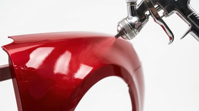 Chrome spray gun applies glossy red paint to curved car body panel auto repair car maintenance
