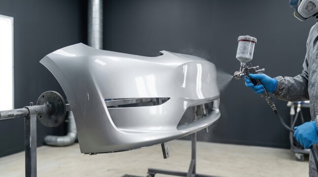 A person in protective gear spray paints a silver car bumper using a professional spray gun