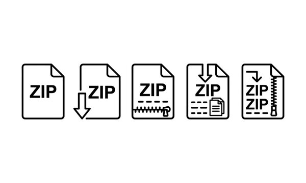 Collection of zip file compression icons with archive folders and document zipper symbols, document