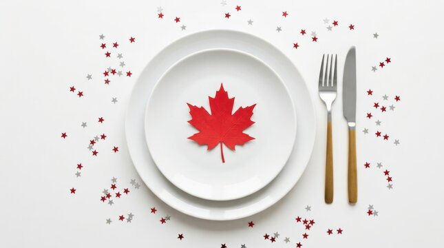 Elegant table setting with red maple leaf and star confetti for holiday