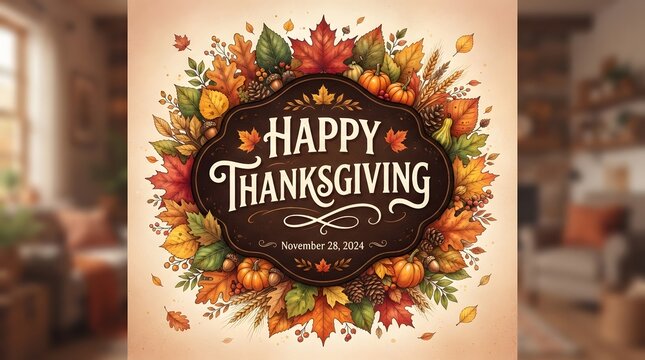 Happy thanksgiving november 28 2024 greeting card design with autumn leaves and pumpkins