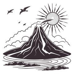 Volcano landscape with flying pterodactyls and sun mountain landscape pterodactyl dinosaur © Md