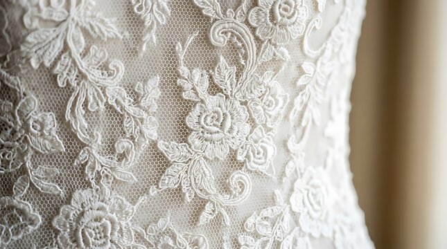 Exquisite white floral lace detail on a wedding dress.