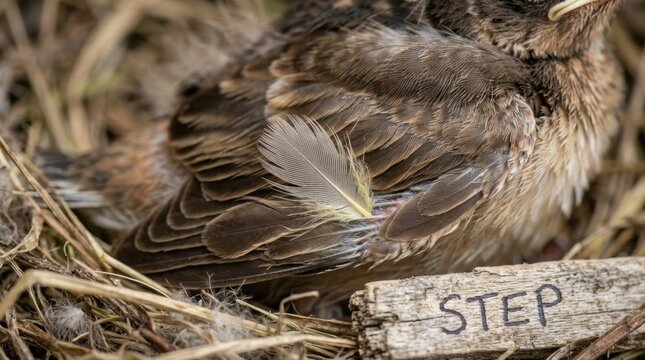 Macro view of a juvenile bird fledgling resting in a straw nest, showcasing detailed brown and tan plumage and a small wooden tag with the text STEP in the foreground.