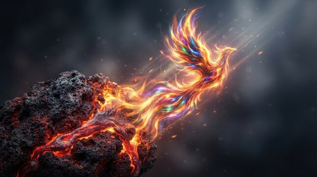 Fiery phoenix bird rising from a volcanic rock