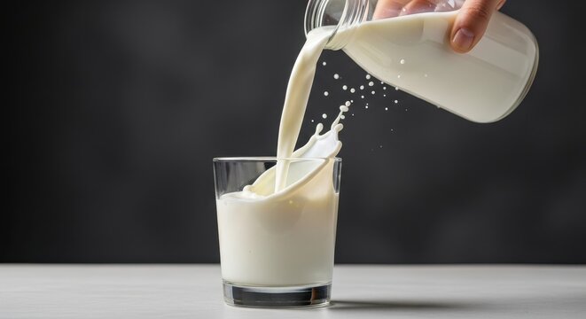 A hand tilts a glass vessel to pour fresh dairy liquid into a transparent tumbler creates a dynamic splashing motion that fills the container while refreshing beverage droplets hover midair