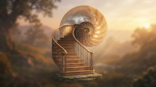 Spiral wooden staircase inside a large nautilus shell in a dreamy landscape