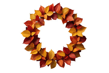 Fototapeta premium Warm red orange autumn leaf wreath isolated on transparent background