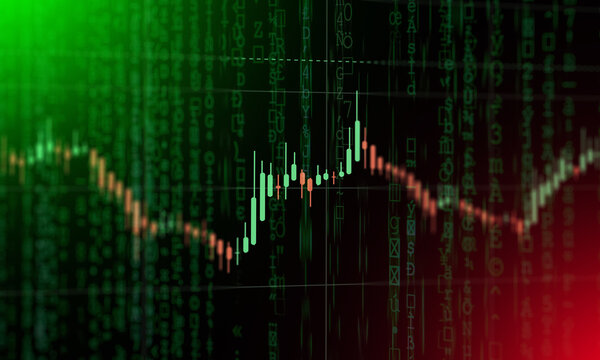 Financial stock market candlestick graph overlaid on abstract matrix green code background representing cyber trading and data analysis.