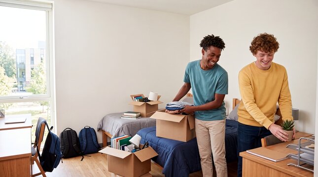 college roommates moving dorm unpacking boxes students campus friendship housing organize books and plants in a shared room for independence cooperation new semester and residence life campaigns