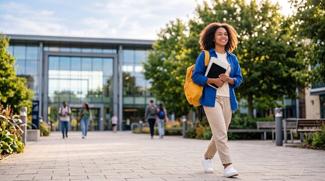 college student walking campus education books backpack woman university lifestyle crosses a sunny courtyard with study materials for independence confidence orientation and higher education campaigns