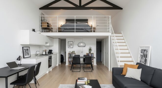 A sunlit open floor plan apartment features a mezzanine sleeping area above the functional kitchen space alongside a cozy living room seating section with dark furniture and hardwood flooring