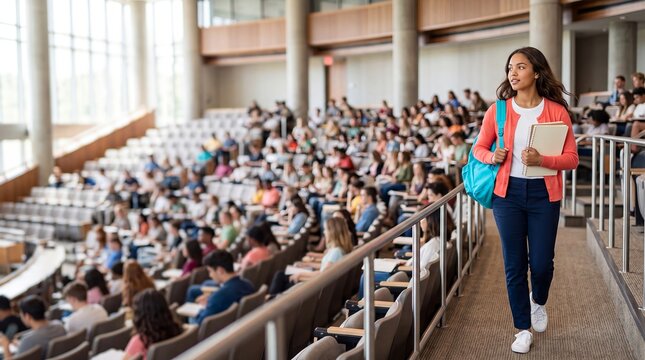 college student lecture hall university education books classroom woman campus walks through a crowded auditorium before class for academic participation confidence and enrollment campaigns