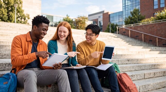 college students studying outdoors friends campus tablet books education teamwork compare notes on university steps for peer learning collaboration friendship and academic program campaigns