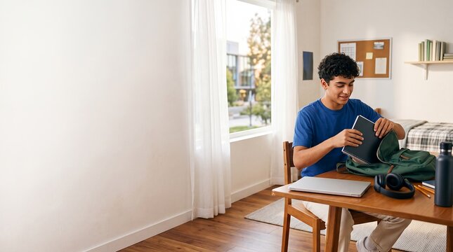 college student packing backpack dorm room education campus preparation male packs a tablet and supplies before class for routines independence time management and student lifestyle campaigns