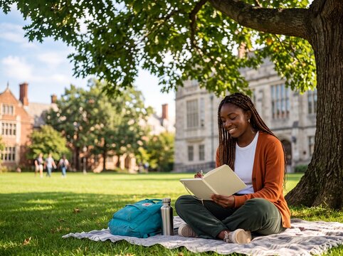 college student studying outdoors campus books education woman university nature reads beneath a large tree for concentration relaxation academic balance and higher education lifestyle campaigns