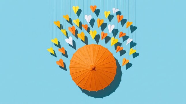 A top view of a bright orange umbrella surrounded by many small colorful paper flowers on a light blue background