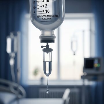 Intravenous drip bag with saline solution slowly infusing in a clinical hospital room setting