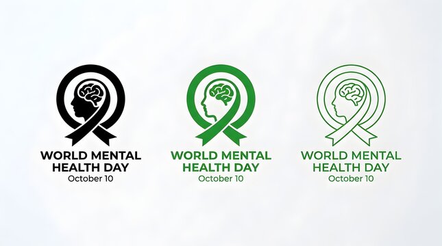 World mental health day awareness ribbon logos with brain silhouette, awareness