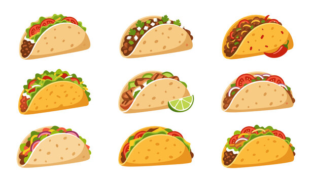 Traditional Mexican tacos vector set with beef lettuce tomato lime chili pepper and cilantro fillings for menu design and food illustration.