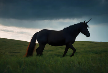 Obraz premium Black unicorn walking across a green grassy hill under a dramatic cloudy sky at dusk, fantasy and magic