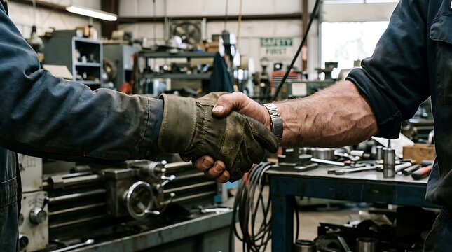 Industrial Workers Shaking Hands in a Manufacturing Machine Shop.