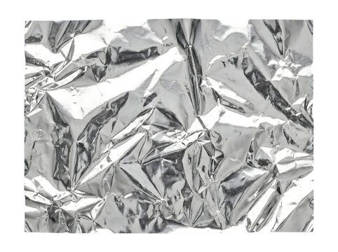 A highly detailed close up texture of a piece of crumpled aluminum foil reflecting bright white studio lighting conditions