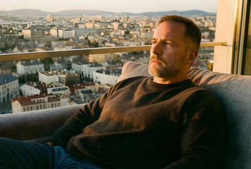 Obraz premium Thoughtful man with a beard relaxing on a sofa on a high-rise balcony overlooking a city at sunset, urban lifestyle and contemplation