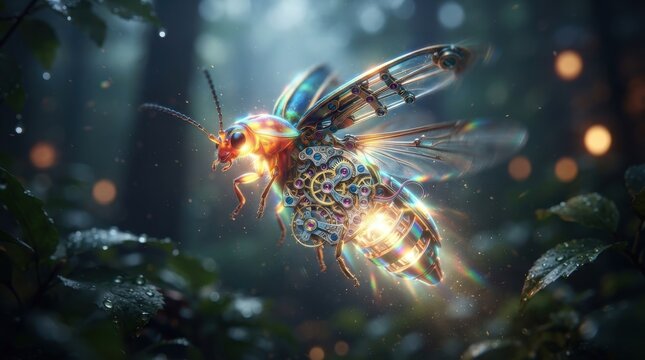Steampunk mechanical firefly flying in a dark magical forest
