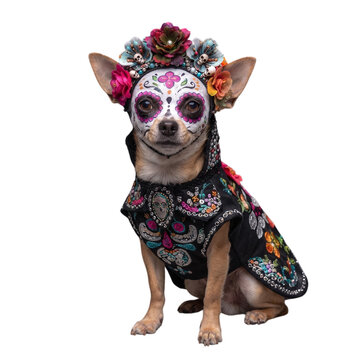 Chihuahua dress up in Halloween costume with sugar skull face paint