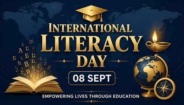 International literacy day celebration concept with a graduation cap on a dark chalkboard background with a world map illustration