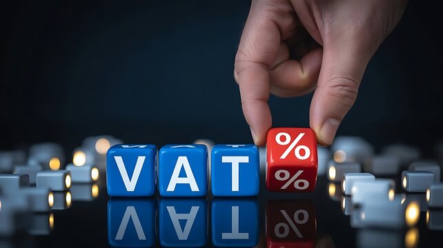Hand placing a red percent sign cube next to blue vat letter cubes on a dark reflective surface representing tax rate calculation and financial