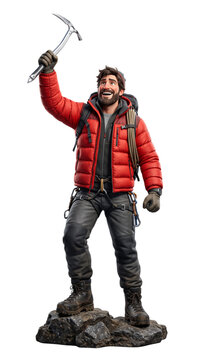 3D cartoon Caucasian male mountain climber triumphant with ice axe