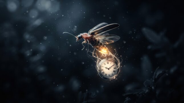 Firefly glowing with magical light above an antique pocket watch