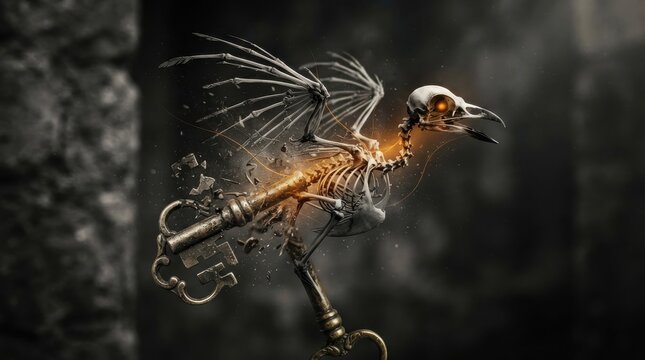 Skeleton of a bird formed from a glowing antique key