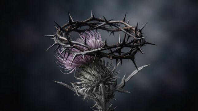 Crown of thorns resting on a purple thistle flower