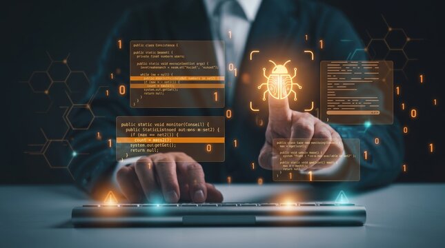 Developer debugging software code on keyboard with glowing bug icon representing error detection and fixing process, cybersecurity, programming maintenance, and application