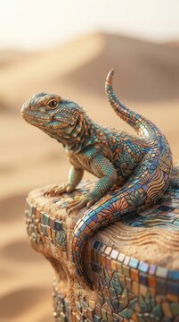 Mosaic decorated lizard on stone pedestal in desert