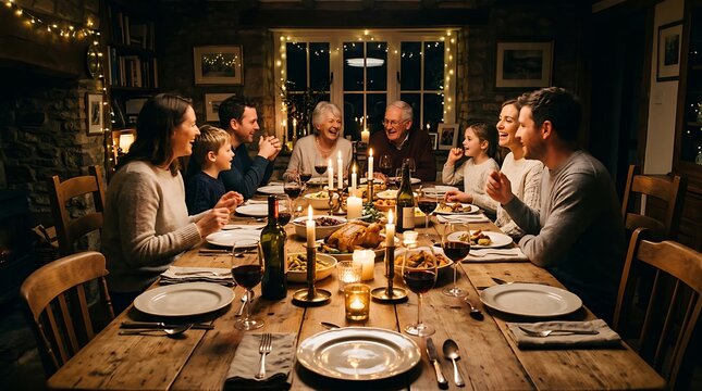 Multi-generational family gathered for a festive holiday dinner celebration at home.