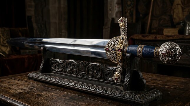 Ornate Medieval Sword on Decorative Display Stand.