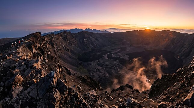 Panoramic sunrise view over the steaming volcanic crater of Mount Nakadake in Japan.