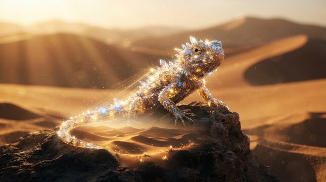 Crystalline lizard perched on desert rock at sunset