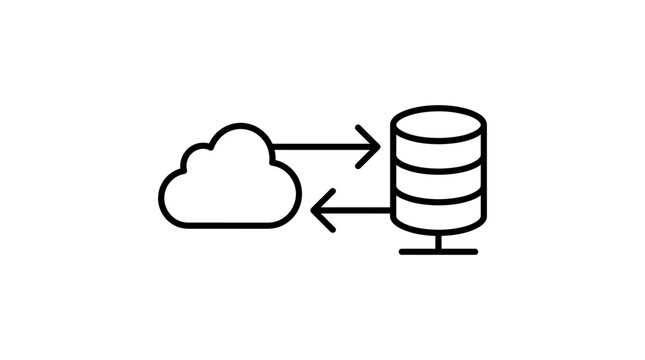 Cloud data synchronization icon depicts transfer between storage and network line style database connectivity digital