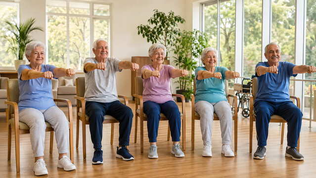 Five elderly adults doing seated exercises in a nursing home, group physical activity to strengthen mobility, balance, vitality, autonomy and well-being in old age.
