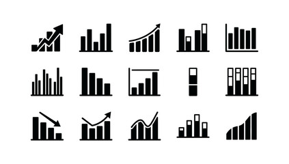 Obraz premium Set of black and white business bar chart icons for data analysis and reporting