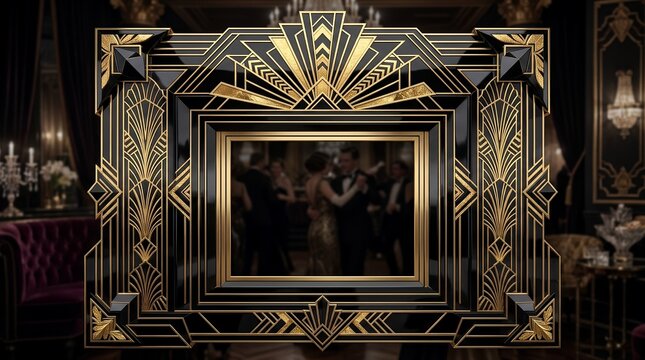 Art Deco black and gold geometric frame ballroom scene.