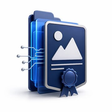 Digital content credential certificate with image file layered verification badge and trusted provenance technology icon