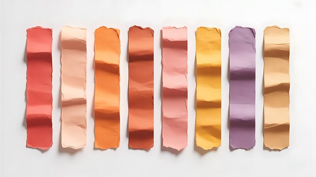 Set of seven torn paper strips in vibrant pastel colors laid out on a plain white surface with a transparent background for creative or design projects